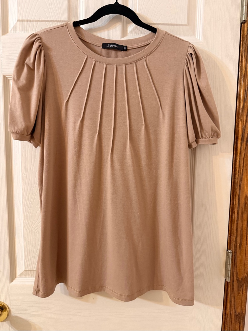 Taupe Pleated Puff-Sleeve Women's Top